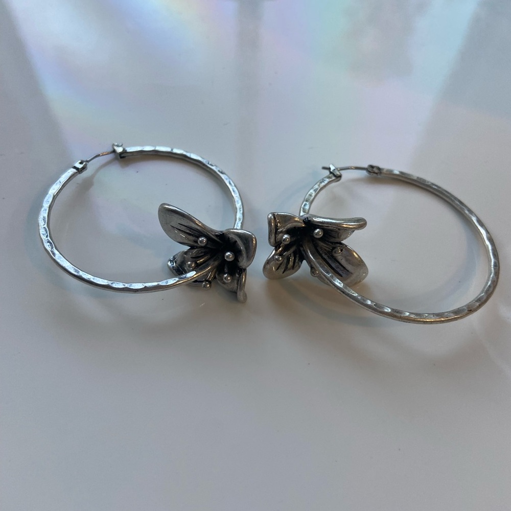 Silver Hoop Earrings with Floral Charm